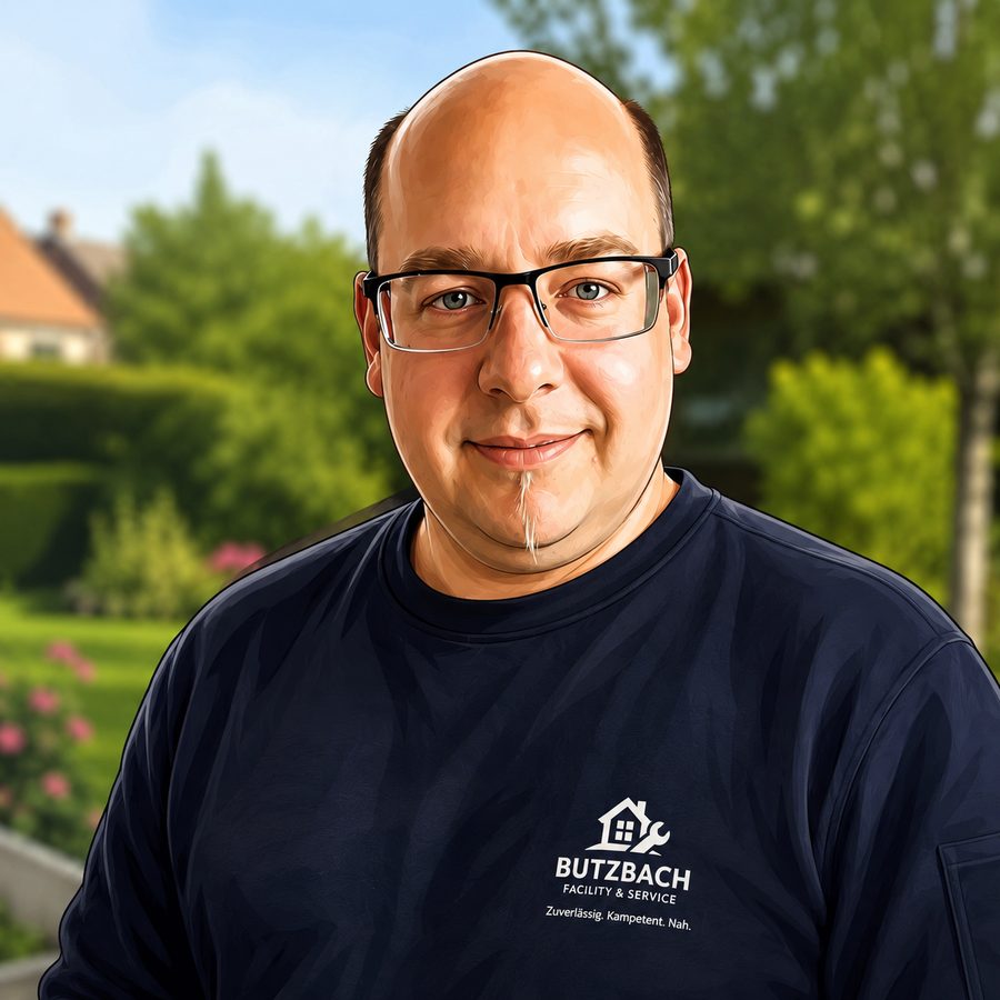 Tobias Butzbach, Inhaber von Butzbach Facility & Service, im Firmenshirt vor einer gepflegten Gartenanlage im Westerwald